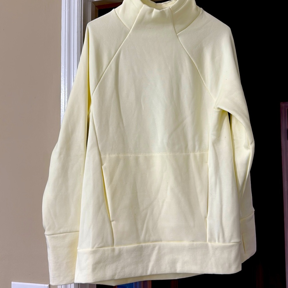 Fabletics Mock Turtleneck Sweatshirt, Cream, small. 1 front muffin pocket